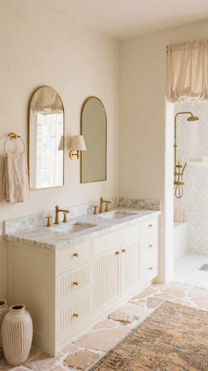 Medium shot focusing on vanity wall: cream-painted vanity with reeded drawer fronts, marble-look quartz countertop, brushed brass fixtures, arched brass mirrors above, petite linen-shaded sconce centered between mirrors for soft glow; tumbled limestone floor tiles underfoot; in the background a glimpse of a shower with warm white zellige-style tile and a brass rain showerhead; accents include a linen roman shade, ribbed ceramic jars, and a vintage rug runner; soft cream, sand, brushed brass palette; warm, understated luxe.