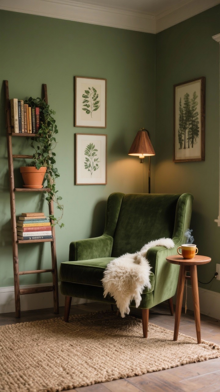Medium shot, Forest Retreat Reading Nook: A cozy corner with sage-painted walls and a deep forest-green velvet high-back armchair you can curl into, paired with a narrow walnut side table holding a steaming mug of tea. A walnut library lamp casts warm 2700K light, no overhead glare. A slender ladder shelf displays favorite books, botanical prints on the wall, and a terracotta pot with trailing ivy. Layered floor: jute rug topped with a small sheepskin throw. Palette: sage, forest, walnut, cream. Photorealistic, moody warm lighting, corner angle.