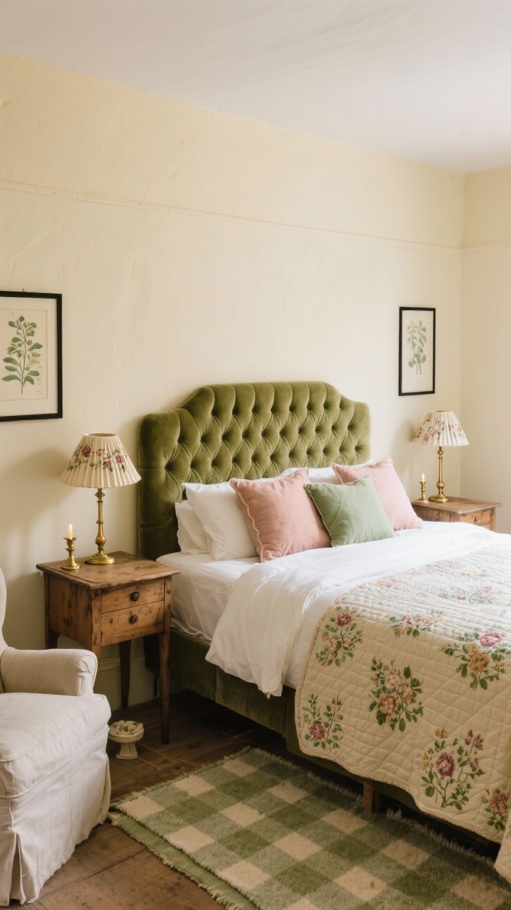 Medium shot from a corner: An English cottage bedroom with buttery cream walls and a tufted velvet headboard in moss. The bed is layered with crisp percale sheets, a quilted floral coverlet, and needlepoint pillows in muted rose and sage. Antique pine bedside tables flank the bed, each with brass candlestick lamps topped by pleated floral shades casting an old-world glow. On the floor, a wool plaid rug in soft greens and creams. Include botanical prints in simple black frames and a washed-linen armchair with a petite floor lamp; soft afternoon light, romantic and tender.
