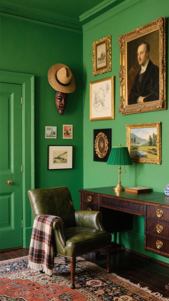 Medium shot from a corner angle: A color-drenched study painted entirely in saturated sap green (walls, trim, doors). Vintage Persian rug, leather club chair, and a dark-stained desk with brass hardware. A salon-style art wall mixing oil portraits, travel sketches, postage-stamp graphics, and a tiny gilded landscape; frames vary—gold leaf, burl wood, black enamel, and one ceramic frame. Composition starts with the largest piece at eye level, spiraling outward. Include one quirky object mount (a woven hat or carved mask) for dimension. Finish with a green-shaded banker’s lamp on the desk and a plaid throw on the chair. Collected, worldly mood, photorealistic.