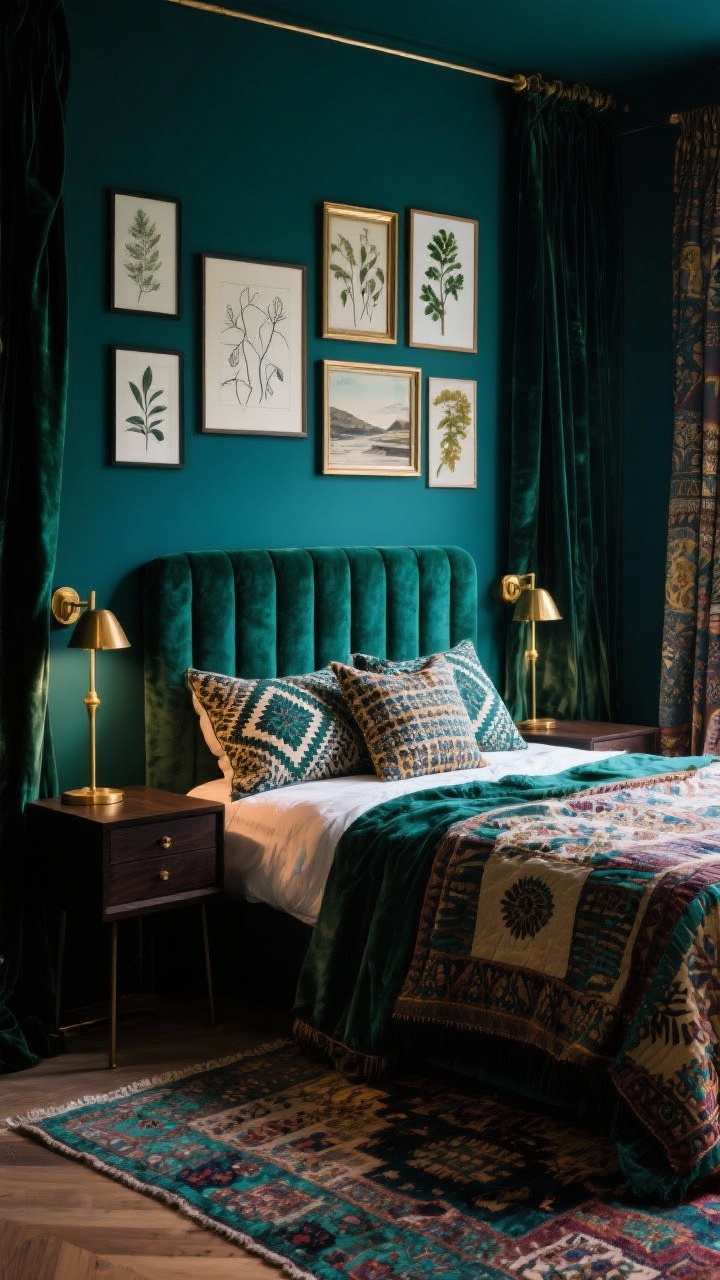 Medium shot from a corner angle: A moody boho retreat with deep teal walls and velvet drapes puddling slightly around an upholstered headboard in emerald; bed layered with patterned pillows and a block-printed quilt; brass reading sconces flanking the bed, dark wood nightstands, and a vintage-style rug with jewel tones; low-lit floor lamp casting soft, dramatic light; a gallery wall mixing botanicals, line drawings, and travel art in eclectic frames; textures of velvet, silk, and embroidered linens; accents of gold; photorealistic, rich, and dramatic.