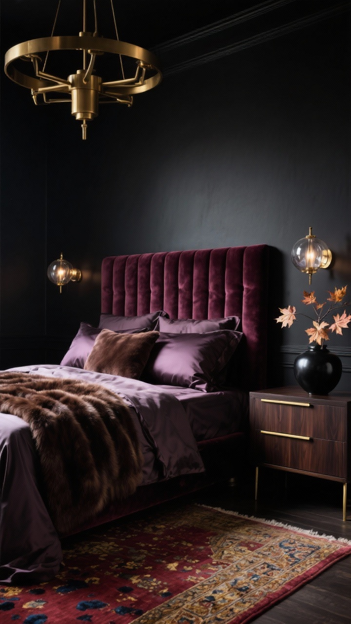 Medium shot from a corner angle: A moody, luxe bedroom with deep charcoal/blackberry walls and a merlot velvet channel-tufted headboard. Decadent bedding layers—sateen sheets, silk pillow shams, and an espresso faux-fur throw—spill across the bed. Smoked-glass globe sconces glow on either side, while a low sculptural brass chandelier hangs overhead creating dramatic shadows. A dark walnut dresser with thin brass pulls sits nearby, with a black ceramic vase holding maple leaf branches. Persian-style rug with burgundy, gold, and ink-blue flecks peeking from under the bed. Low, cinematic lighting, photorealistic.