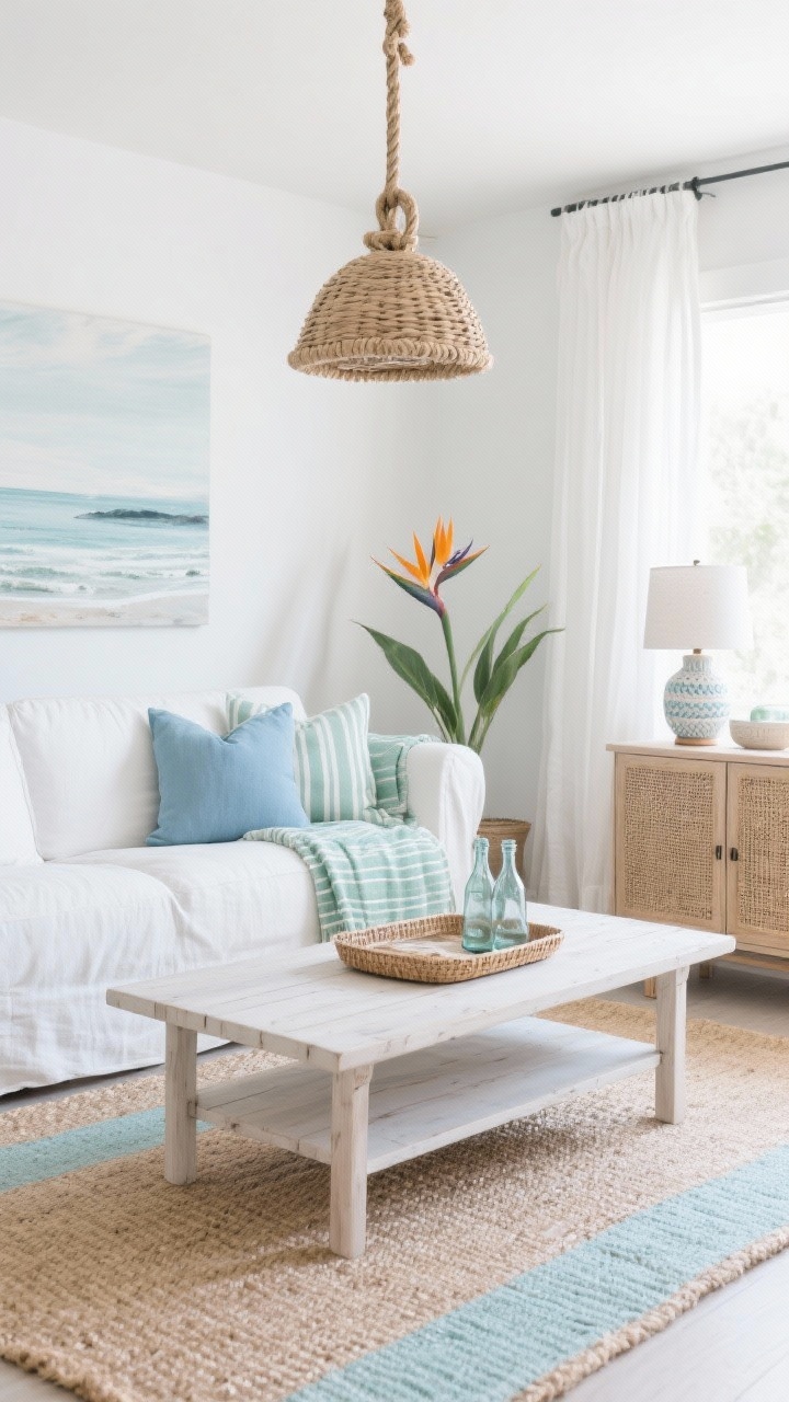Medium shot from a corner angle: Modern coastal living room with a slipcovered white sofa facing a light oak/whitewashed coffee table. Layer a natural jute rug under a pale blue flatweave for depth. Add linen pillows in soft blue and sea-glass green, a striped throw, and a cane-front cabinet nearby. Include a rope-detailed pendant overhead, a rattan tray with glass bottles, and ceramic table lamps. Hang a muted coastal landscape above the sofa. Airy white curtains filter light; a bird of paradise plant adds breezy greenery. Palette: white, pale blue, sea-glass green, sandy beige.