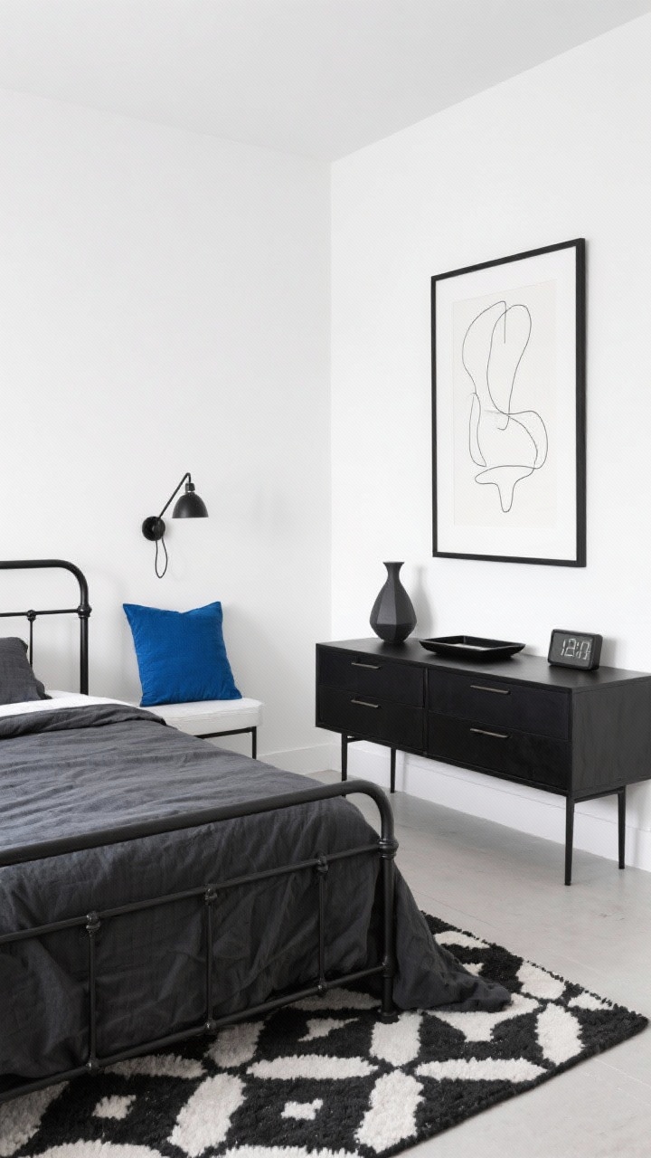 Medium shot from a corner angle, Monochrome minimalist with graphic contrast: crisp white walls and a sleek black metal bed frame dressed with a charcoal linen duvet; a black-and-white geometric rug anchoring the scene; a single cobalt throw pillow for a bold pop; slim black dresser with thin pulls and clutter-free top; adjustable black swing-arm sconces providing crisp task lighting; an oversized abstract line drawing in a narrow black frame; matte black tray, tiny sculptural vase, and digital clock on display; high contrast, clean lines, photorealistic.