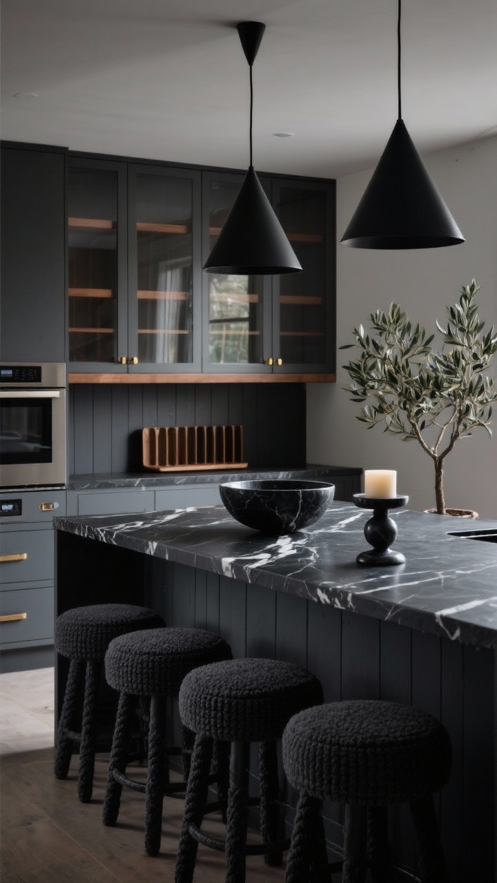 Medium shot from a corner angle, moody modern kitchen: island wrapped in charcoal-painted shiplap, topped with honed black soapstone featuring dramatic white veining. Above, matte black cone pendants; behind, smoked glass cabinet doors with warm walnut shelves and brushed brass hardware. On the working side, a discreet microwave drawer and vertical tray storage lines are visible; four low-backed charcoal boucle stools tuck neatly beneath the overhang. Minimal decor: a black marble pedestal bowl and a candle; a potted olive tree nearby. Low, cinematic lighting emphasizing contrast and texture.