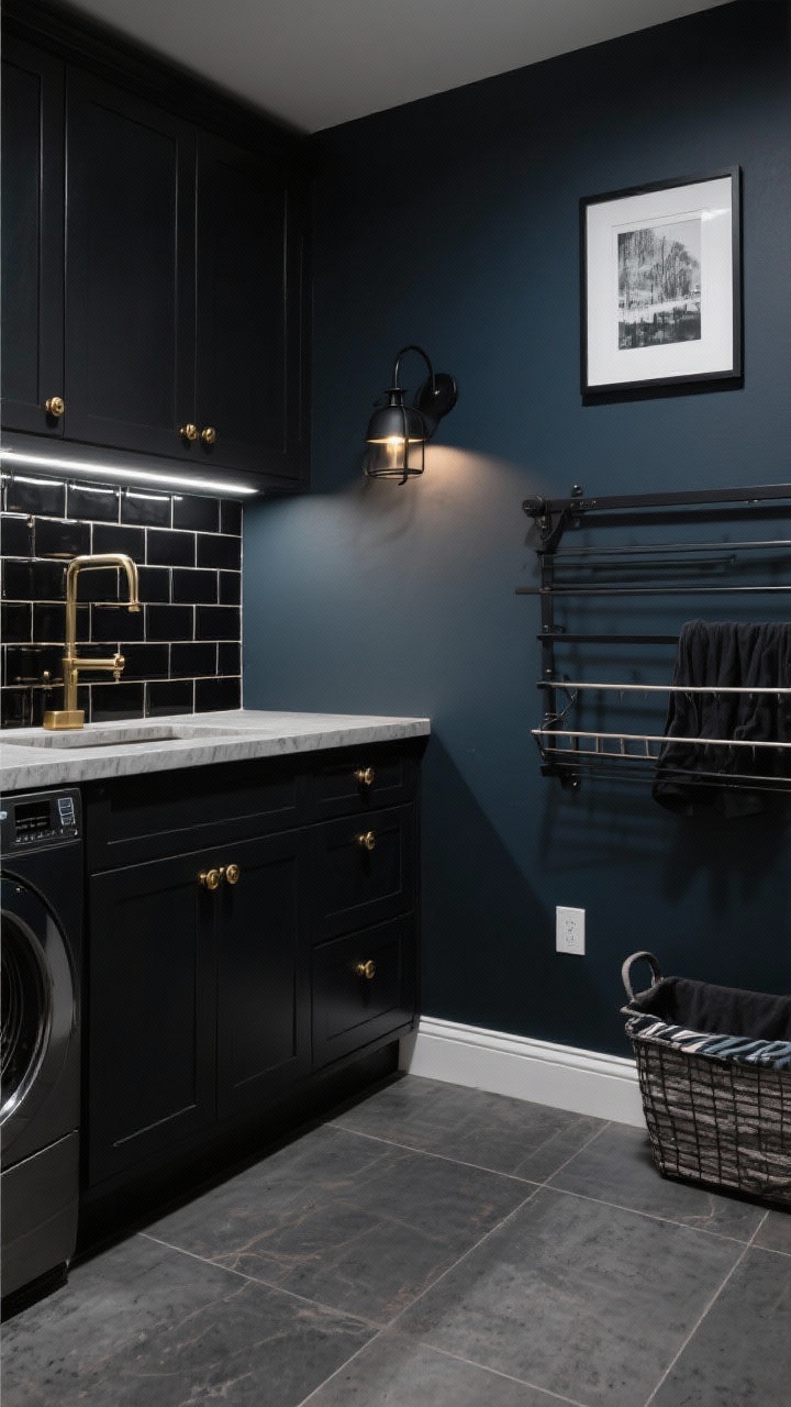 Medium shot from a corner angle: Moody modern utility laundry room with walls in deep charcoal/black-blue, matte black shaker cabinets, large-format graphite porcelain floor tiles, a waterfall concrete-look countertop, glossy black subway tile backsplash with dark grout reflecting subtle highlights, slim LED under-cabinet lighting and a black metal statement sconce casting focused pools of light, brass knobs for contrast, an oversized framed art print, concealed pull-out hampers, and a wall-mounted folding drying rack; sleek, dramatic, polished vibe, photorealistic.