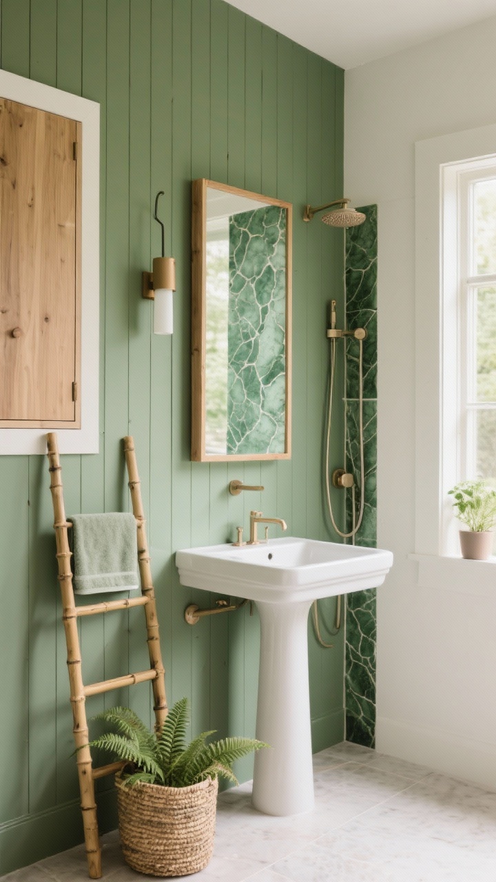 Medium shot from a corner angle of a “Vertical Forest Retreat” bathroom: one wall clad floor-to-ceiling in sage-green beadboard, adjacent walls warm white; slender pedestal sink below a tall, narrow wood-framed medicine cabinet; vertical skinny sconce stacked on the wall to emphasize height; shower with a green-veined porcelain slab drawing the eye upward; bamboo towel ladder, woven basket on the floor, small fern on the windowsill; serene natural light, no people.