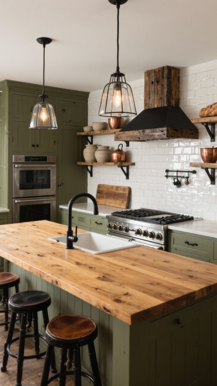 Medium shot from a corner angle: Rustic-refined farmhouse kitchen featuring a long honeyed wood island with a thick slab top, exposed joinery, and brushed black hardware. Perimeter cabinets in moody sage, deep apron-front sink with an industrial pull-down faucet. Two caged glass pendants cast warm light over black counter stools with saddle leather seats. A white zellige tile backsplash shimmers subtly; stainless range with a black range hood wrapped in reclaimed oak. Iron-bracket open shelves with weathered wood planks display stoneware crocks, copper pots, and a vintage breadboard wall. Earthy palette, mixed metals, photorealistic.