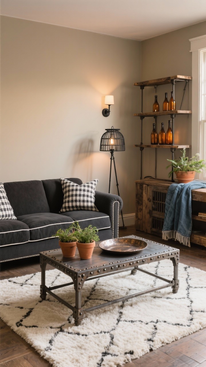 Medium shot from a corner: Cottage check with industrial edge living room featuring warm greige walls and a plush ivory rug. A charcoal tuxedo sofa with crisp piped edges is accented with gingham or micro-check pillows. Opposite sits a riveted metal coffee table, flanked by a black caged floor lamp and a reclaimed wood-and-iron shelving unit styled with amber-toned glass bottles. Add a denim throw, ribbed terracotta planters with greenery, and a hammered metal tray on the coffee table. Layer a vintage-style rug subtly under the coffee table for pattern depth. Balanced mix of soft textiles and hard materials, warm evening light, photorealistic.