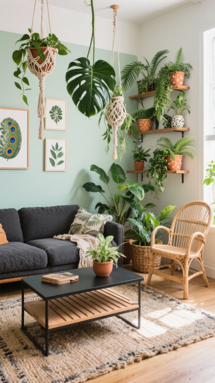 Medium shot from a corner: Plant-filled urban jungle boho living area with soft sage or warm white walls, a charcoal cotton sectional, layered jute-over-wool rug, black metal coffee table with slatted wood shelf, macramé planters hanging at staggered heights; abundant greenery—monstera, rubber tree, ferns on shelves, trailing pothos—plus terracotta, speckled ceramic, and basket planters for variety; botanical prints and pressed leaves in floating frames, rattan peacock chair in a sunlit corner; bright natural light, photorealistic.