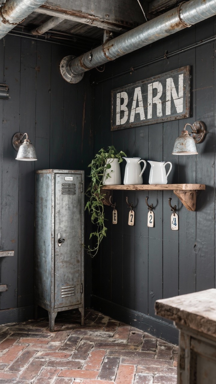 Medium shot from a low angle of an industrial farmhouse nook: charcoal shiplap accent wall, vintage-inspired metal locker cabinet for storage, a raw-edge wood shelf floating above styled with white enamelware pitchers and a trailing plant, rugged herringbone brick floor, warehouse-style sconces in weathered zinc flanking a bold typographic sign or stenciled barn numbers, and individual hooks labeled with enamel tags along the wall; gritty yet organized vibe, directional industrial lighting.
