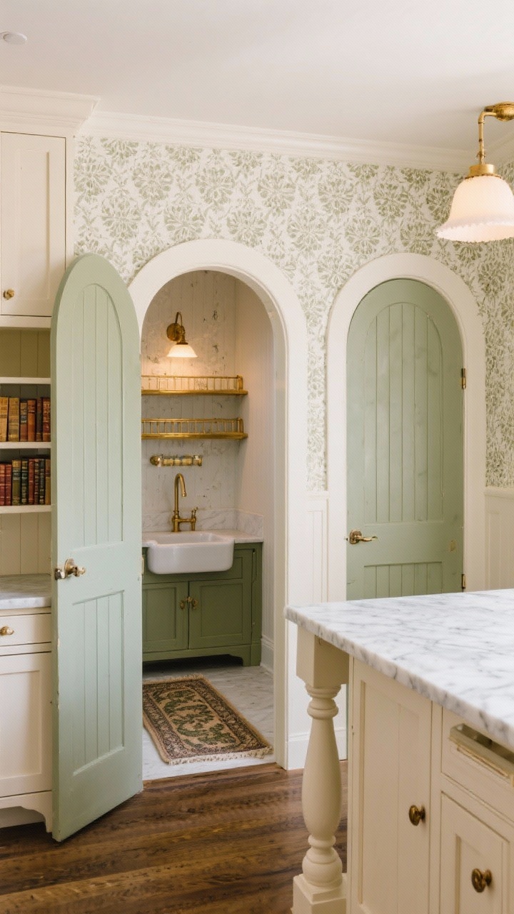 Medium shot from a slight angle showing two arched, fluted doors painted muted sage opening to a compact butler’s pantry with a small prep sink, vintage runner on the floor, and open brass rail shelving with warm brass library lights above patterned wallpaper; foreground hints of creamy main kitchen cabinetry and a marble-look quartz island with turned legs; palette of cream, sage, unlacquered brass; warm, layered ambient lighting for a romantic farmhouse/Euro charm mood.