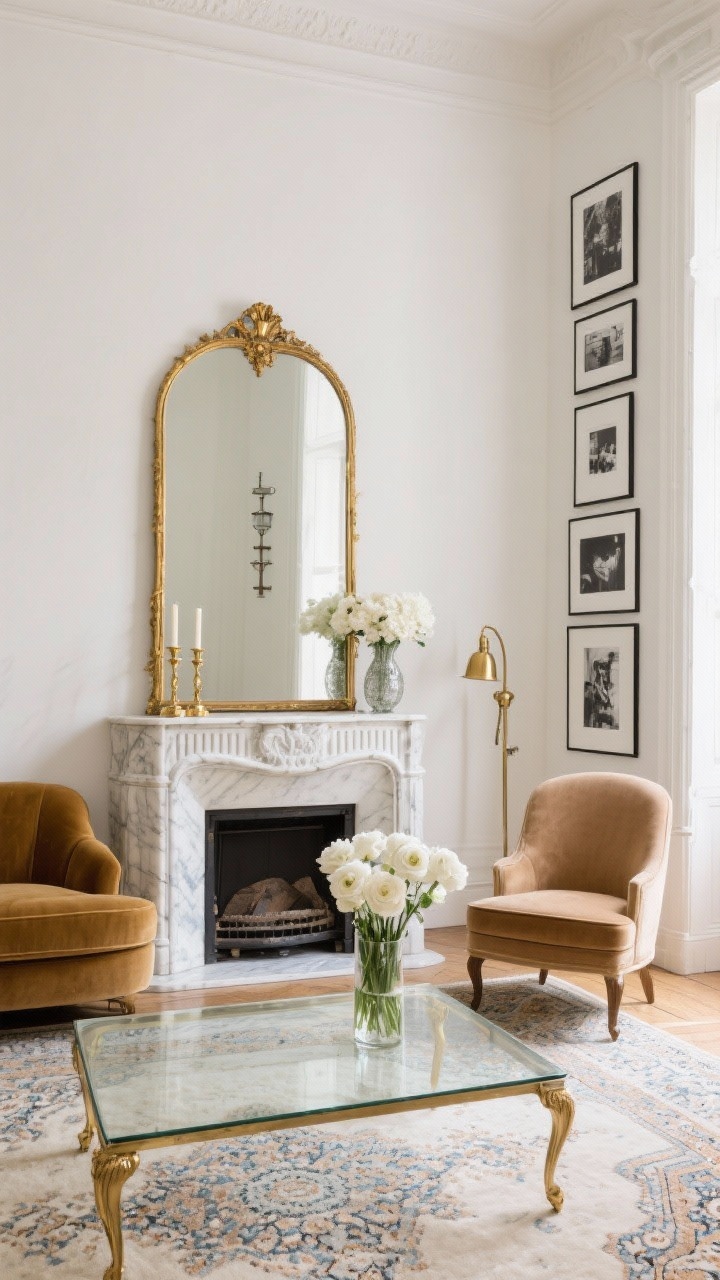 Medium shot from a slight corner angle: A Parisian apartment vignette featuring a creamy marble Louis-style fireplace with petite fluting, topped by a gilded oversized arched mirror leaning above; a camel velvet sofa and delicate slipper chair visible, glass coffee table over a hand-knotted Persian rug; minimal mantel styling with two brass candlesticks and a vase of white ranunculus; black-and-white photography arranged along one wall and a brass pharmacy lamp; color palette cream, camel, charcoal, antique brass; materials marble, velvet, glass, gilt wood; bright natural light creating vertical balance, elegant and refined.