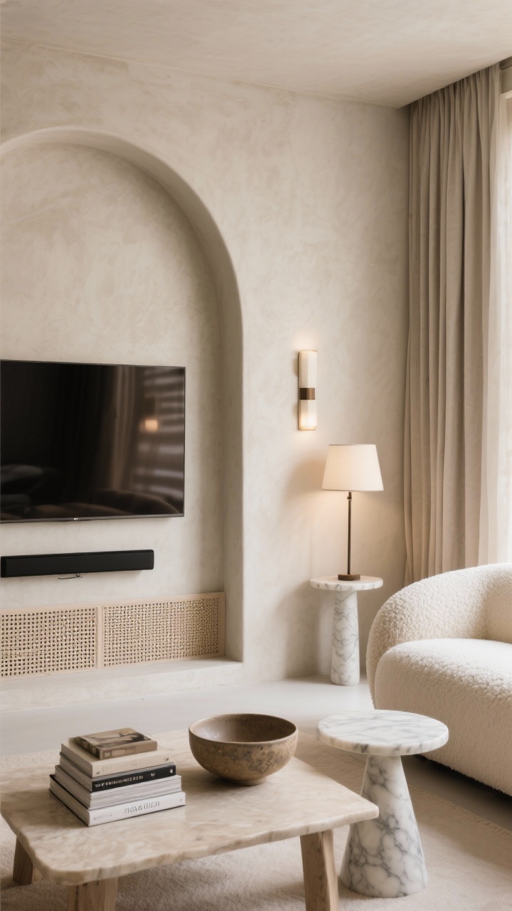 Medium shot from a slight corner angle: A smooth, warm greige plaster niche shaped as a gentle arch with a slightly recessed TV so the edges disappear. Below the TV, a slim soundbar concealed behind a color-matched perforated grille. Limewash or microcement finish visible in subtle movement. Nearby: a deep rounded cream sofa, marble pedestal side table, and a boucle accent chair. Lighting includes an arched floor lamp echoing the niche and soft sconces flanking it. Decor: stacked coffee table books, a ceramic bowl, tonal linen curtains. Gallery-chic, seamless, soft mood.