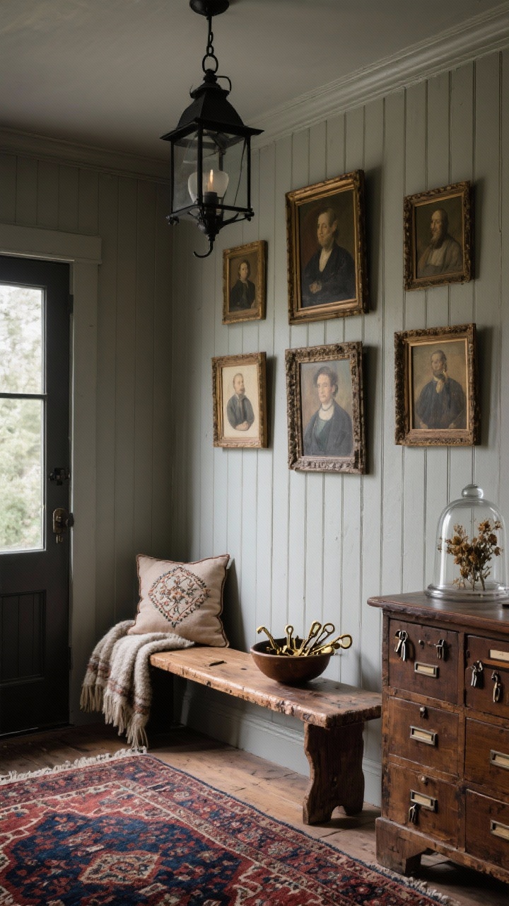 Medium shot from a slight corner angle of a heritage farmhouse entry: muted greige walls with narrow picture molding framing a gallery of vintage oil portraits, an antique pine bench with worn edges beneath the art, a deep russet-and-navy Persian rug grounding the scene, a blackened metal lantern fixture overhead for contrast, an old apothecary console with many drawers for keys and mail nearby, textures layered with a wool throw, embroidered lumbar pillow, leather catchall, a bowl of old brass keys, and a glass cloche with dried florals; moody, softly directional light.