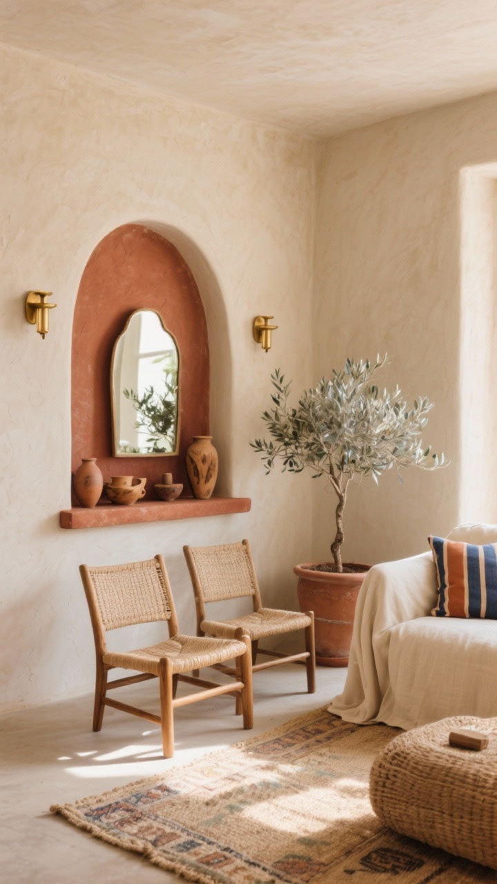 Medium shot from a sunlit corner angle: A warm, plaster or limewash wall in chalky sand tone with subtle texture and depth. A rust-toned terracotta niche shelf (or floating ledges) displays pottery and olive-wood pieces; an oversized arched mirror bounces soft natural light. Linen slipcover sofa in creamy oatmeal, cane-back accent chairs with oak frames, striped pillows in clay and indigo, a natural jute rug layered with a faded kilim. Warm brass sconces flank the mirror, and a terracotta planter holds a silvery olive tree. Breezy, sun-washed Mediterranean mood, photorealistic.