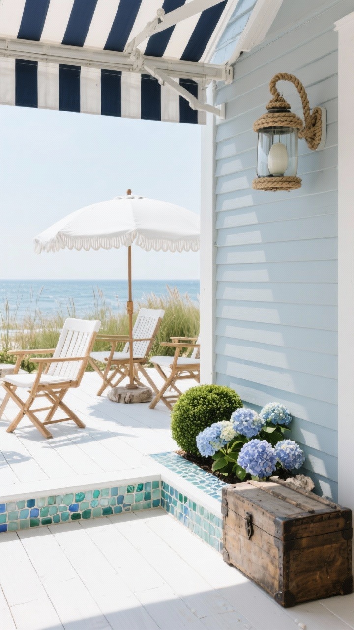 Medium shot from corner, Coastal Cape retreat: horizontal shiplap wall painted soft gray-blue on one side, contrasted with whitewashed decking; sea-glass mosaic tile band along the waterline sparkling in pale blues and greens; striped awning providing shade; rope-wrapped lanterns hanging near the edge; landscaping with boxwood balls, hydrangeas, and swaying grasses; teak director’s chairs, white scalloped umbrella, and a weathered trunk used as storage; palette of whites, driftwood, powder blue, and hints of navy. Breezy seaside light.