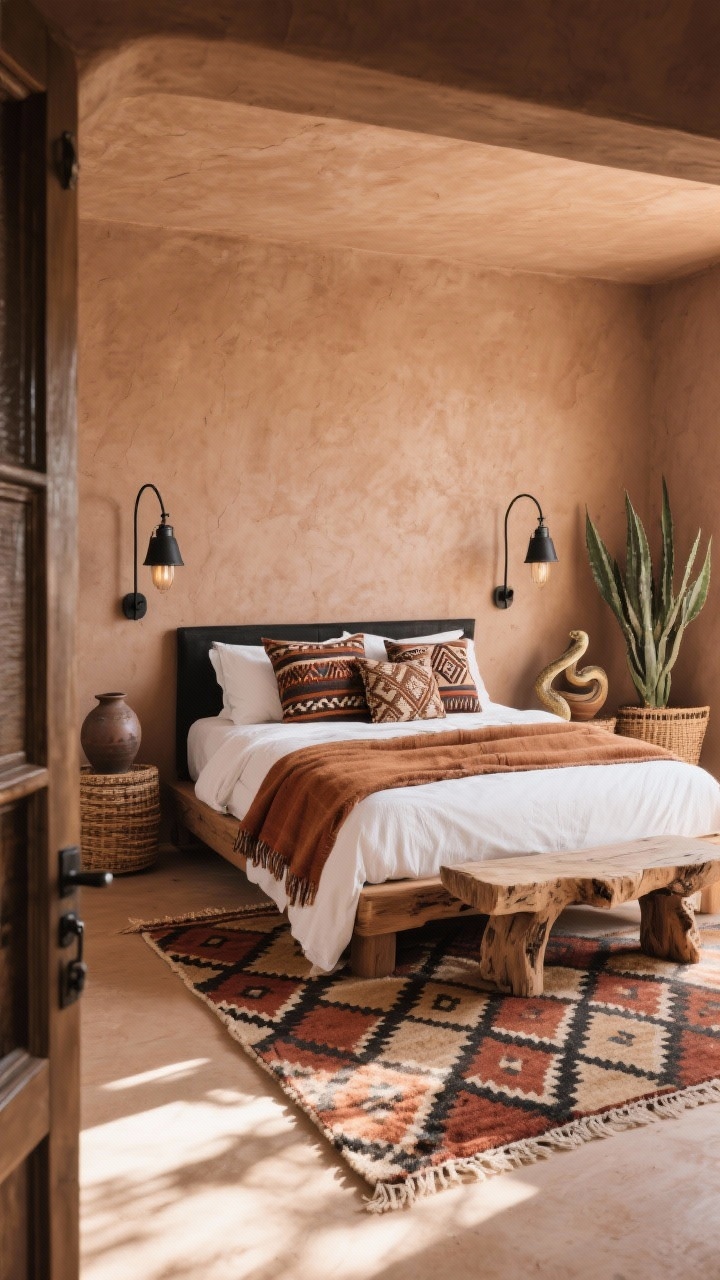 Medium shot from doorway: Desert luxe master bedroom with clay taupe walls and matte black hardware; a live-edge wood bed with crisp white sheets, camel and rust throw blankets, and patterned mudcloth pillows. Iron swing-arm sconces flank the bed, a Moroccan Beni Ourain rug with bold graphic diamond pattern grounds the space. Decor includes ceramic vessels, an agave or snake plant, and woven baskets; a textured plaster accent wall behind the headboard and a rough-hewn bench at the foot of the bed. Photorealistic, warm late-afternoon sunlight, earthy elevated feel.