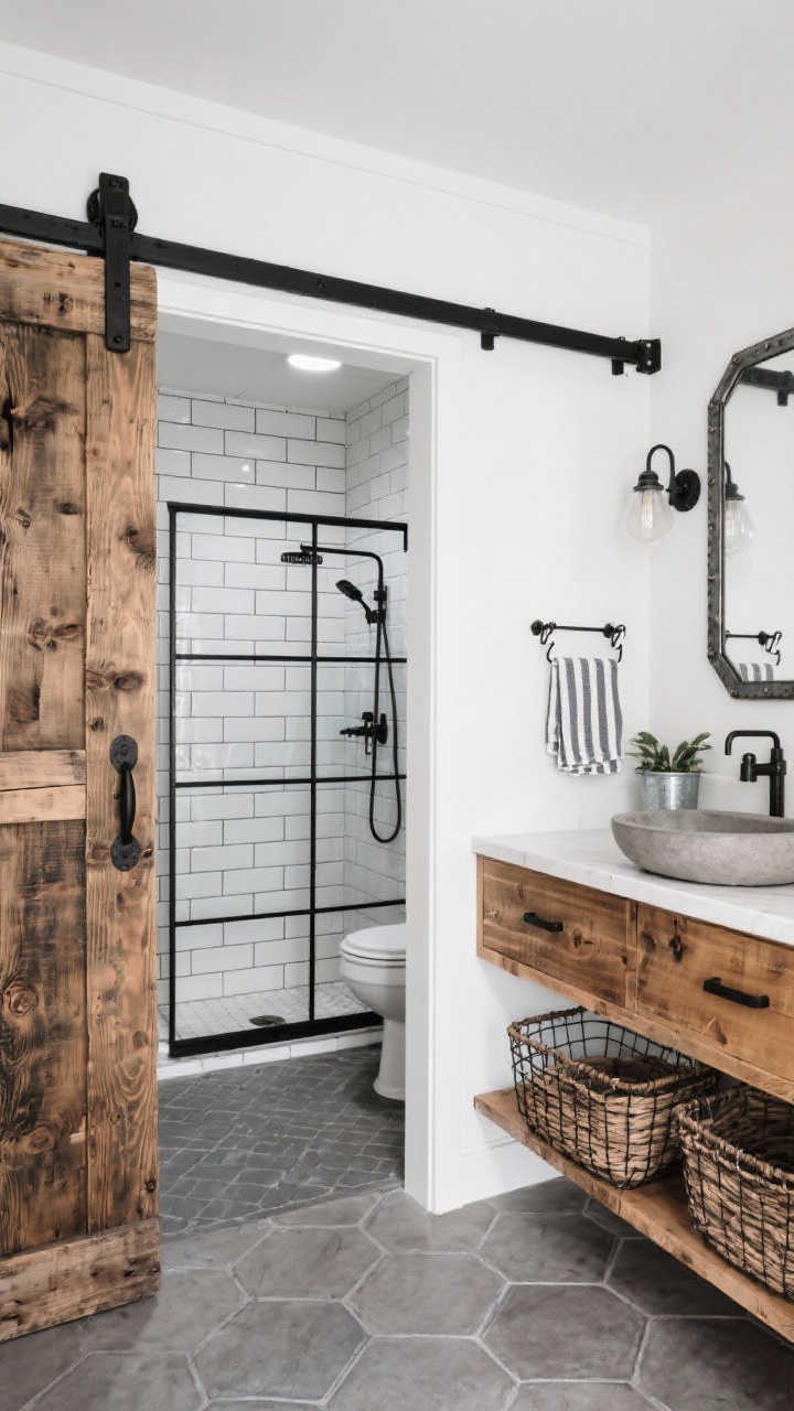 Medium shot from entry: reclaimed wood sliding barn door on matte black hardware partially open to reveal bathroom with white subway tile walls and dark grout, metal-framed shower enclosure with black steel muntins; stained pine vanity with open shelves holding wire baskets, concrete vessel sink on top; factory-style sconce above a steel-trimmed mirror; hexagon concrete-look floor tile; decor includes utility hooks with striped hand towels and a galvanized planter; bright white, weathered pine, black steel, concrete gray palette; industrial farmhouse vibe.