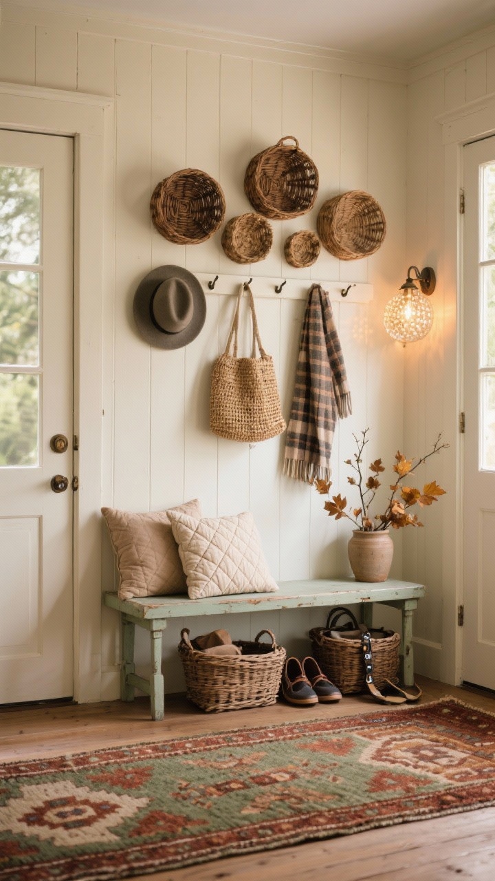 Medium shot from entryway angle: Cottagecore foyer painted buttermilk cream with a kilim runner in rust and sage tones. A vintage bench topped with quilted pillows; above it, clustered basket wall art for texture. Slim Shaker peg rail holding a felt fedora, woven market bag, and plaid scarf. Low willow baskets tucked beneath for shoes and leashes. Seeded glass sconce on a dimmer glowing warm; a small crock of foraged maple or oak branches by the door. Soft morning light, photorealistic, no people.
