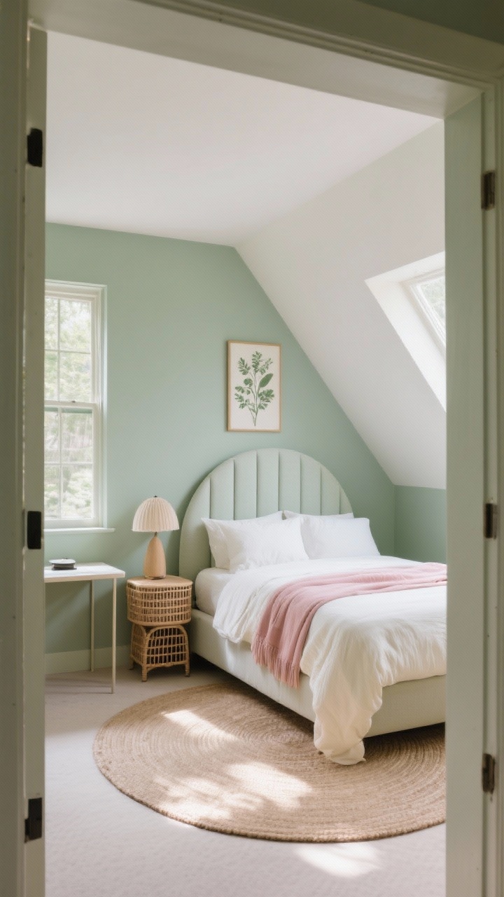 Medium shot from the doorway into an awkwardly angled bedroom with the bed placed diagonally facing a window focal point, rounded headboard, powdery palette of sage green walls, blush throw, cream bedding, a round rug anchoring the bed, and a slim writing desk tucked into the opposite corner; cane nightstands with a dome table lamp, botanical art tying into the sage tones; soft, natural afternoon light.