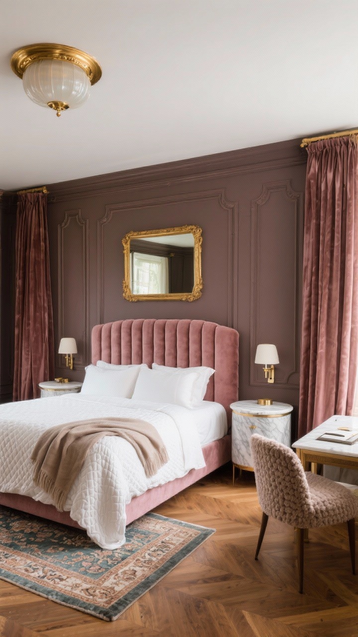 Medium shot from the foot of the bed in a Parisian-inspired bedroom: headboard wall with DIY picture-frame molding painted deep mushroom taupe, a channel-tufted velvet headboard in dusty rose, round marble-topped nightstands with plug-in sconces. Overhead brass flush mount with opal glass. Bed dressed in crisp white percale with a matelassé coverlet and a cashmere throw. Warm walnut-look LVP floor with a Persian-style runner at the foot, floor-length double-width velvet curtains, oversized gold mirror reflecting light, and a petite writing desk with a boucle chair. Soft, elegant lighting; photorealistic.