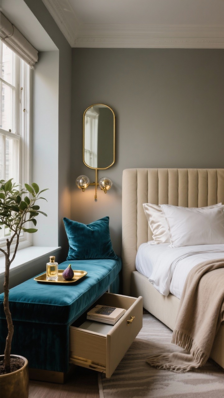 Medium shot from window wall toward bed: plush deep teal velvet bench as a window seat with lift-top storage slightly pulled toward the bed’s foot; walls painted soft mushroom gray; brass accents including a slim brass-framed mirror and two globe sconces; bench topped with a brass tray holding perfume and a book; bed with a cream channel-tufted headboard; textiles include silk pillowcases, a velvet lumbar pillow, and a cashmere throw; a small fig tree in the corner; moody but warm hotel-like lighting, photorealistic.