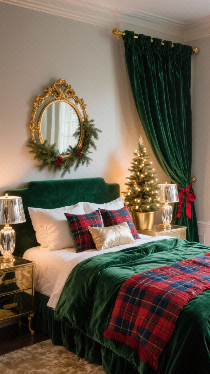 Medium shot, glam bedroom vignette: bed dressed in deep emerald green velvet duvet with a red-and-navy tartan quilt folded at the foot; ivory euro shams, plaid accent pillows, and a satin bolster; mercury glass lamps on nightstands; gold-framed mirror above a small cedar garland; petite Christmas tree in a brass planter with warm white lights; velvet ribbon on curtain tiebacks; color palette emerald, ruby, ivory, antique gold; soft, romantic evening lighting with metallic highlights, photorealistic.