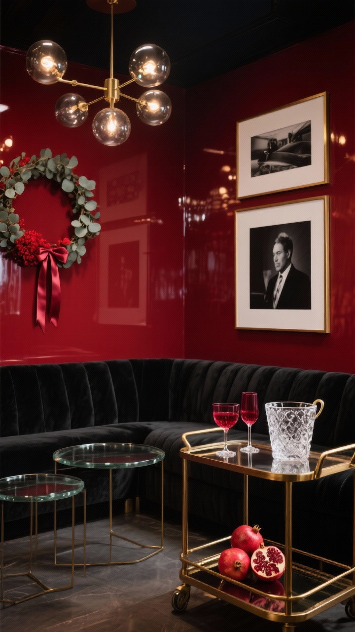 Medium shot, glam cocktail lounge: One accent wall painted high-gloss burgundy lacquer reflecting light. A black velvet sofa, smoked-glass nesting tables, and a brass-and-glass bar cart. Style the cart with burgundy coupe glasses, a cut-crystal ice bucket, and whole pomegranates. Overhead, a modern chandelier with smoked globes casting a cinematic, soft glow. Large black-and-white photography in thin brass frames. Minimalist wreath of red eucalyptus with a narrow satin ribbon. Nighttime mood, photorealistic, no people.