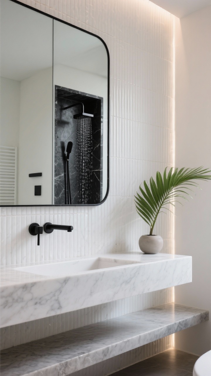 Medium shot — Graphic Spa texture focus: A modern spa-like bathroom featuring a wall of vertical fluted white stone tile behind a floating vanity with a white quartz top and integrated sink, matte black wall-mount faucet and matching matte black rain shower visible through a black-edged glass partition, micro-fluted black stone inside a shower niche, thin black trim details, a low linear bench, a single oversized green palm leaf in a simple vessel; side lighting raking across the flutes to emphasize texture, clean and minimal, photorealistic, no people.