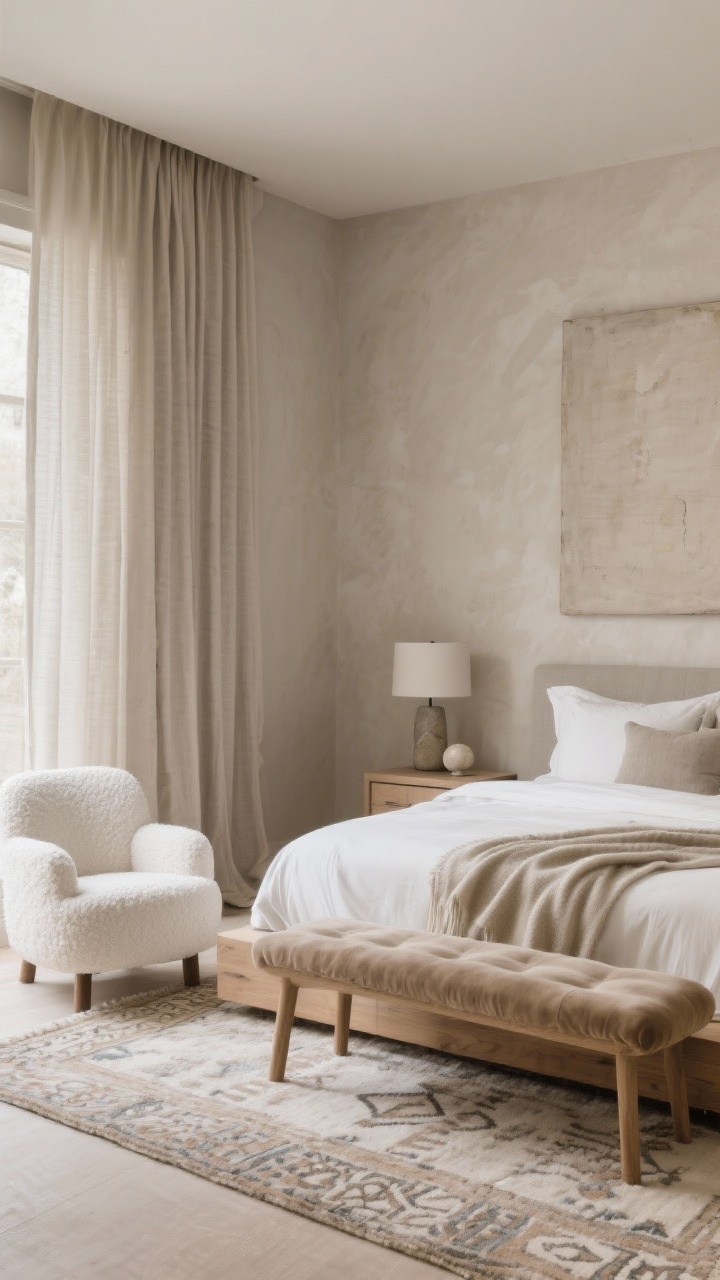Medium shot, greige sanctuary corner: warm greige wall backdrop with tonal layers—oatmeal linen drapes pooling slightly, light oak platform bed with layered ivory bedding and a cashmere throw, mushroom suede bench at the foot; ivory boucle accent chair nearby; Moroccan-style plush rug in soft neutrals, stone table lamps on simple nightstands; oversized neutral-toned art; soft diffused natural light for quiet luxury, photorealistic.