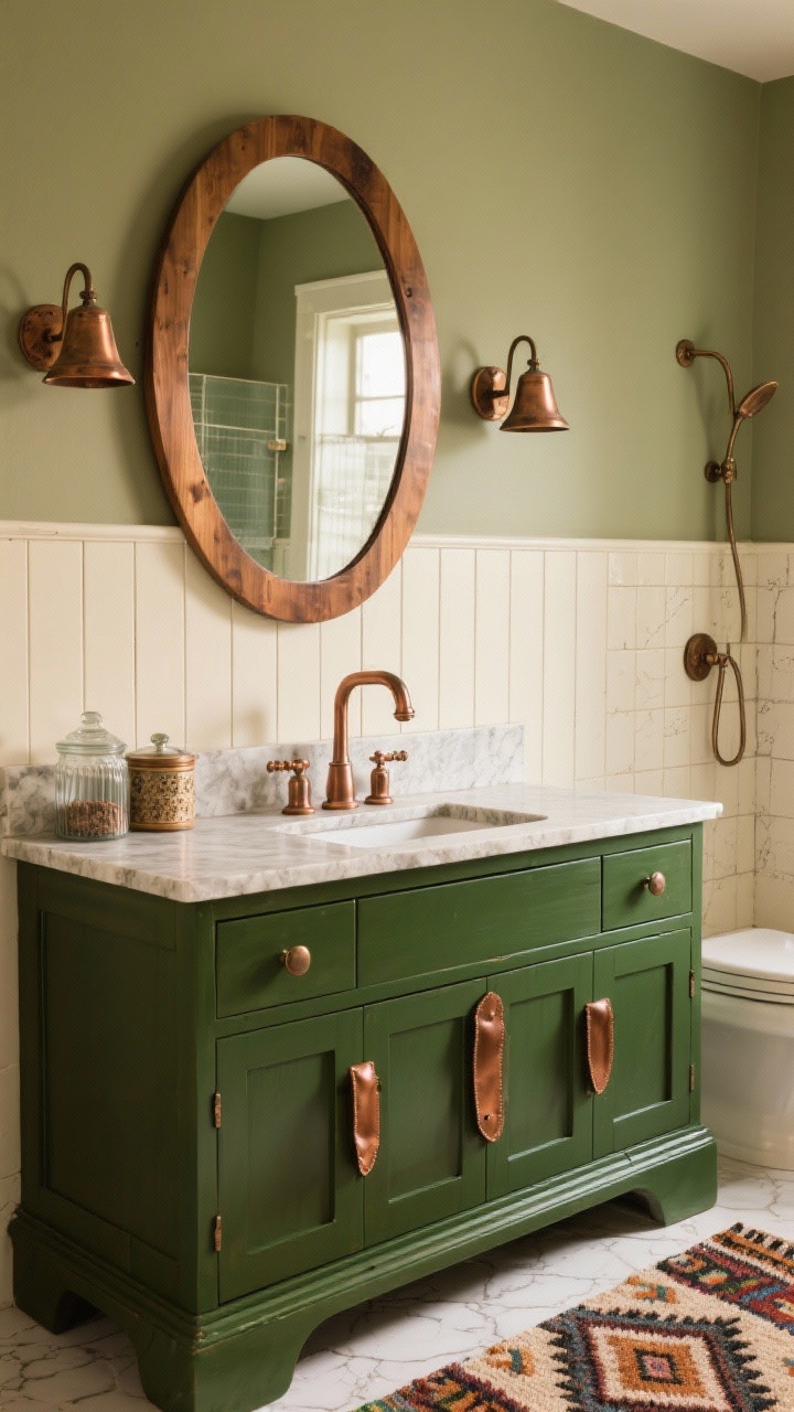 Medium shot highlighting color and metals: deep heritage green vanity with leather pull tabs, natural stone-look countertop, aged copper fixtures including a copper bridge faucet, copper bell sconces flanking a round wood mirror; cream beadboard on the walls, cream square shower tiles with subtle crackle finish glimpsed in the background; styling with vintage glass canisters and a kilim-style bath mat; palette of heritage green, cream, aged copper, natural wood; warm and cozy.