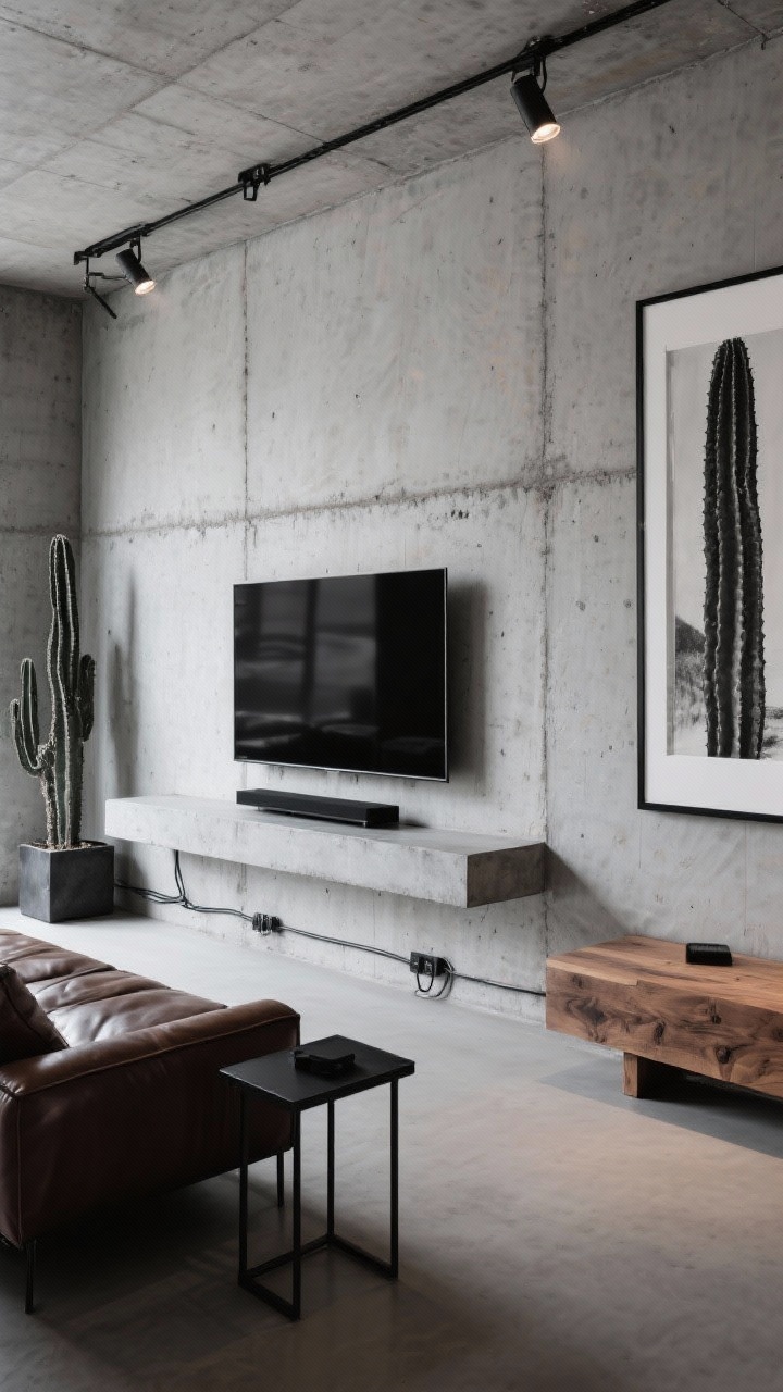 Medium shot, industrial edge: An industrial concrete-finish wall with a thick, cantilevered media ledge beneath a wall-mounted TV; the ledge appears poured concrete (microcement) with concealed conduits for cable-free minimalism. Optional black steel brackets provide a loft-like touch. Color palette of cool gray, matte black, tobacco leather, and dark wood. Low leather sofa, black metal side tables, and an opposite raw-edge wood console visible. Track lighting with adjustable heads and subtle floor uplights; oversized monochrome art and a tall cactus in an industrial planter complete the scene.