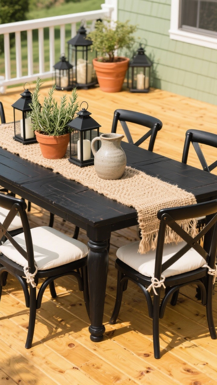 Medium shot, inviting dining zone on pressure-treated pine deck stained warm honey (transparent/semi-transparent) showing golden undertones: black farmhouse-style dining set with X-back chairs, cream seat cushions, woven jute runner; matte-black lanterns clustered near the table; terracotta pots overflowing with rosemary and thyme; stoneware pitcher as centerpiece; palette reads black, cream, terracotta, olive green; bright, friendly daylight, photorealistic.