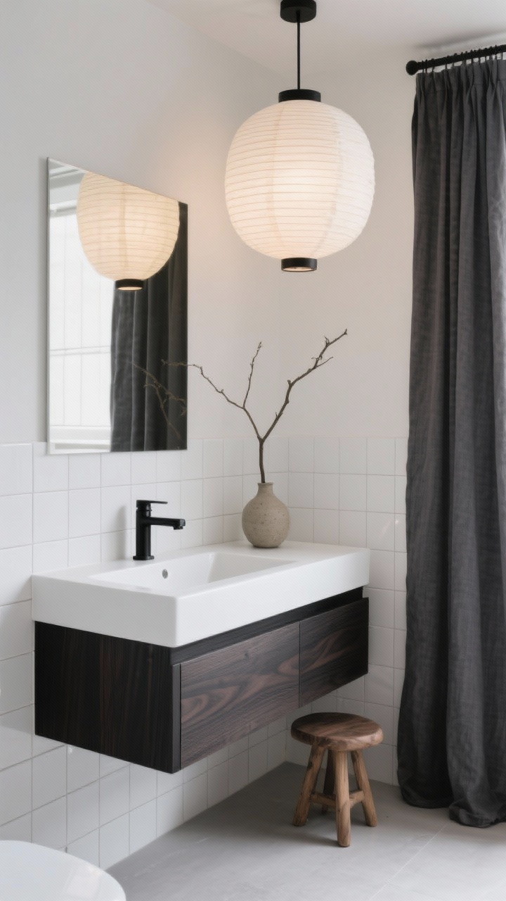 Medium shot — Japandi Calm: A serene bathroom corner with a floating white oak vanity stained soft black showing subtle wood grain, a white rectangular vessel sink, a wall-mount black faucet, matte white square tile in straight-stack with whisper-light grout, a large rice paper lantern overhead diffusing a soft, even glow, styled with a charcoal linen shower curtain, a ceramic stool, and a single branch in a simple vase; tactile minimalism, photorealistic, no people.