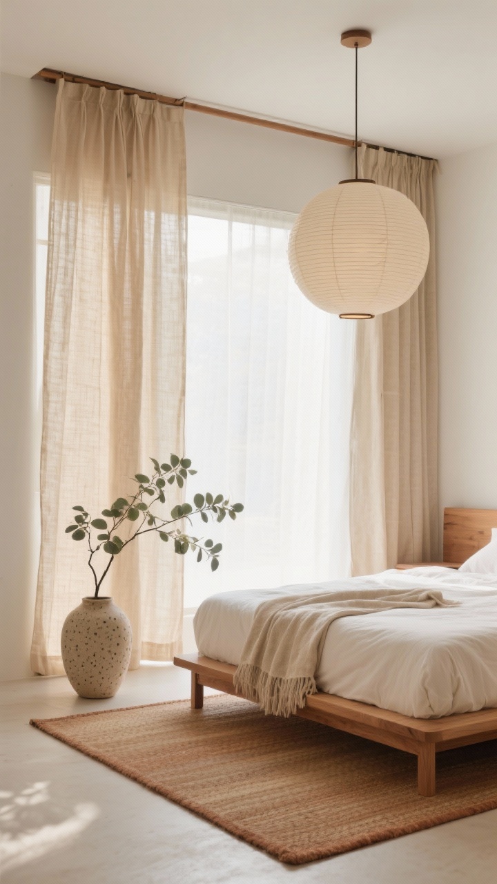 Medium shot, Japandi Calm: unlined flax curtains in warm oat on a hidden ceiling track, appearing to float and softly diffuse light; low-profile oak bed with linen throw; paper lantern pendant overhead; stoneware decor in speckled beige; color palette limited to oak, ivory, and clay; tatami-style rug; a single eucalyptus branch in a ceramic vase; serene midday light; minimalist architectural feel; straight-on view.