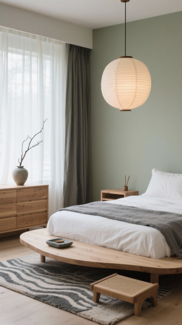 Medium shot, Japandi Calm with Organic Curves: A platform bed with rounded edges in light ash wood dressed in crisp white sheets and a stone-gray linen duvet. Above, a curved rice paper lantern pendant floats, casting a soft glow. A wool rug with a subtle wave pattern peeks from beneath the bed. A low dresser with an uncluttered top holds a ceramic vase with a single branch. Palette of sage, sand, charcoal, and natural wood, with a stone tray and incense holder on one nightstand and a tatami-inspired bench at the foot. Sheer cotton panels filter daylight. Photorealistic, corner angle for gentle asymmetry, meditative mood.