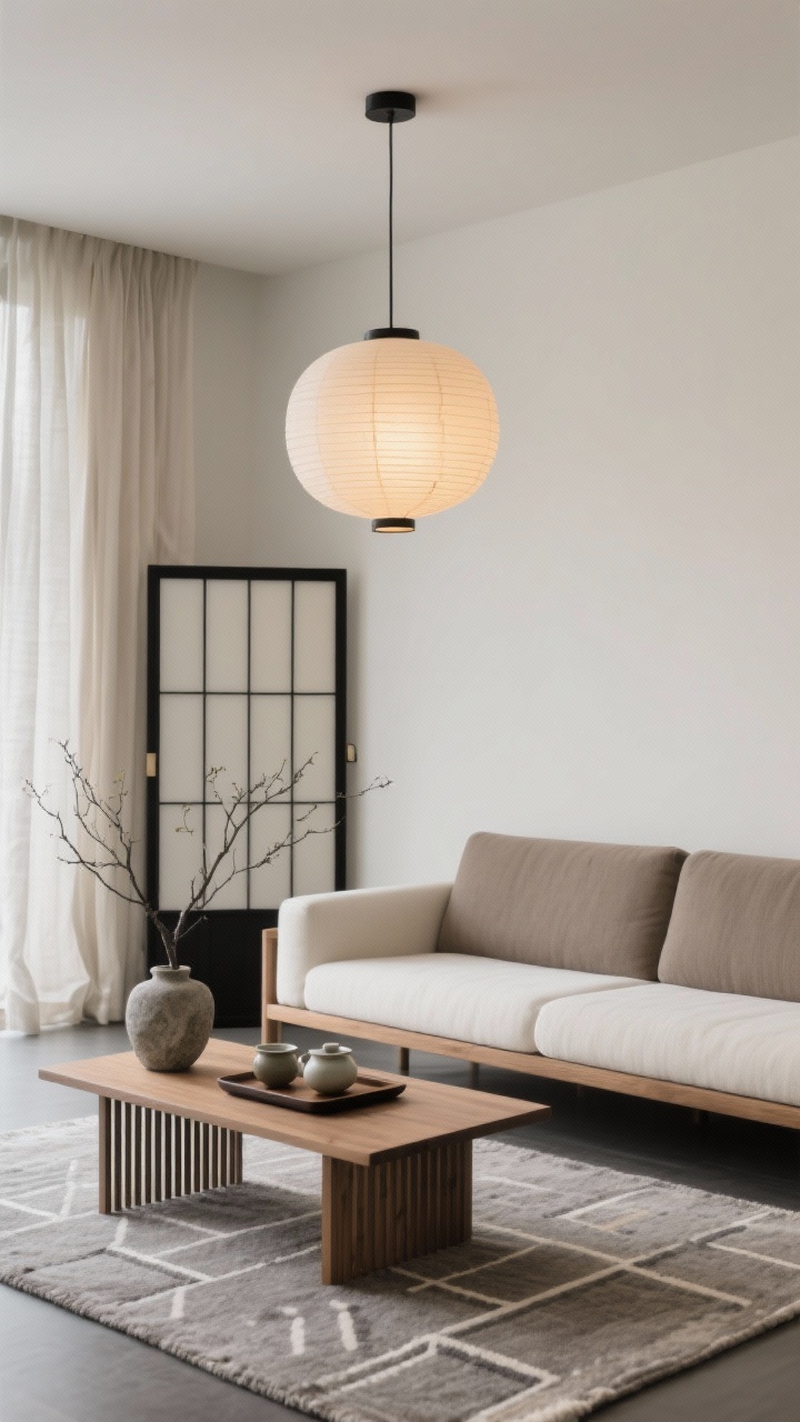 Medium shot, Japandi Serenity vignette: low, streamlined taupe/ivory sofa paired with a slatted wood coffee table on a flatweave wool rug with a quiet geometric. A paper lantern pendant floats overhead with warm-temperature bulbs. Surfaces are sparse: a ceramic tea set on a tray, a single branch arrangement in a stone vase. Shoji-style or linen drapes softly diffuse daylight; restrained black accents in a slim frame and minimal hardware. Palette: bone, sand, mushroom grey, black. Photorealistic, calm and functional, straight-on minimal composition.