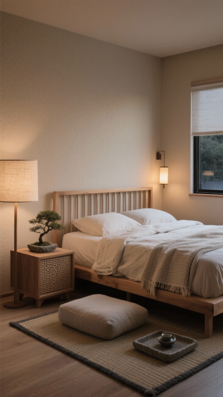Medium shot, Japandi Zen Nook: calm bedroom vignette with mushroom-beige walls and a low ash-wood bed with a simple slatted headboard; bedding crisp and neutral—parchment sheets, flax duvet, and a folded cotton-waffle blanket at the foot; boxy oak cube nightstands with paper cord baskets tucked underneath; shoji-inspired sconces casting warm, low light; a linen drum floor lamp in the corner; tatami-style rug on the floor; a single bonsai on a stone tray set for tea atop the nightstand; a padded floor cushion by the window; palette of sand, ash, charcoal, and linen; photorealistic, tranquil evening ambiance.