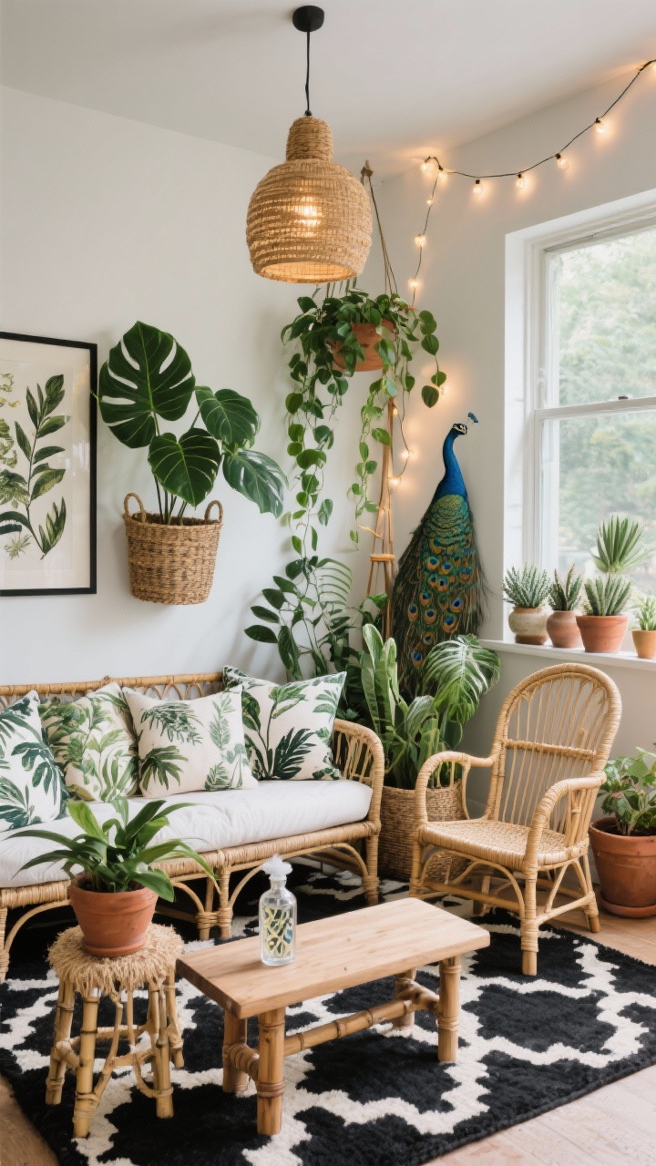 Medium shot, jungle boho seating area: rattan daybed piled with botanical-print cushions, grounded by a black-and-cream patterned rug for contrast; layered plants at multiple heights—hanging pothos, a fiddle-leaf fig in a woven basket, cluster of succulents on a window ledge; peacock chair (cane) to amplify organic feel; materials cane, bamboo, seagrass, raw ceramics; decor includes botanical prints, terracotta pots, plant stands; lighting from a rattan pendant and soft string lights creating a gentle glow; simple teak bench used as a plant perch with a chic glass misting bottle on top; fresh, lush, soothing atmosphere.