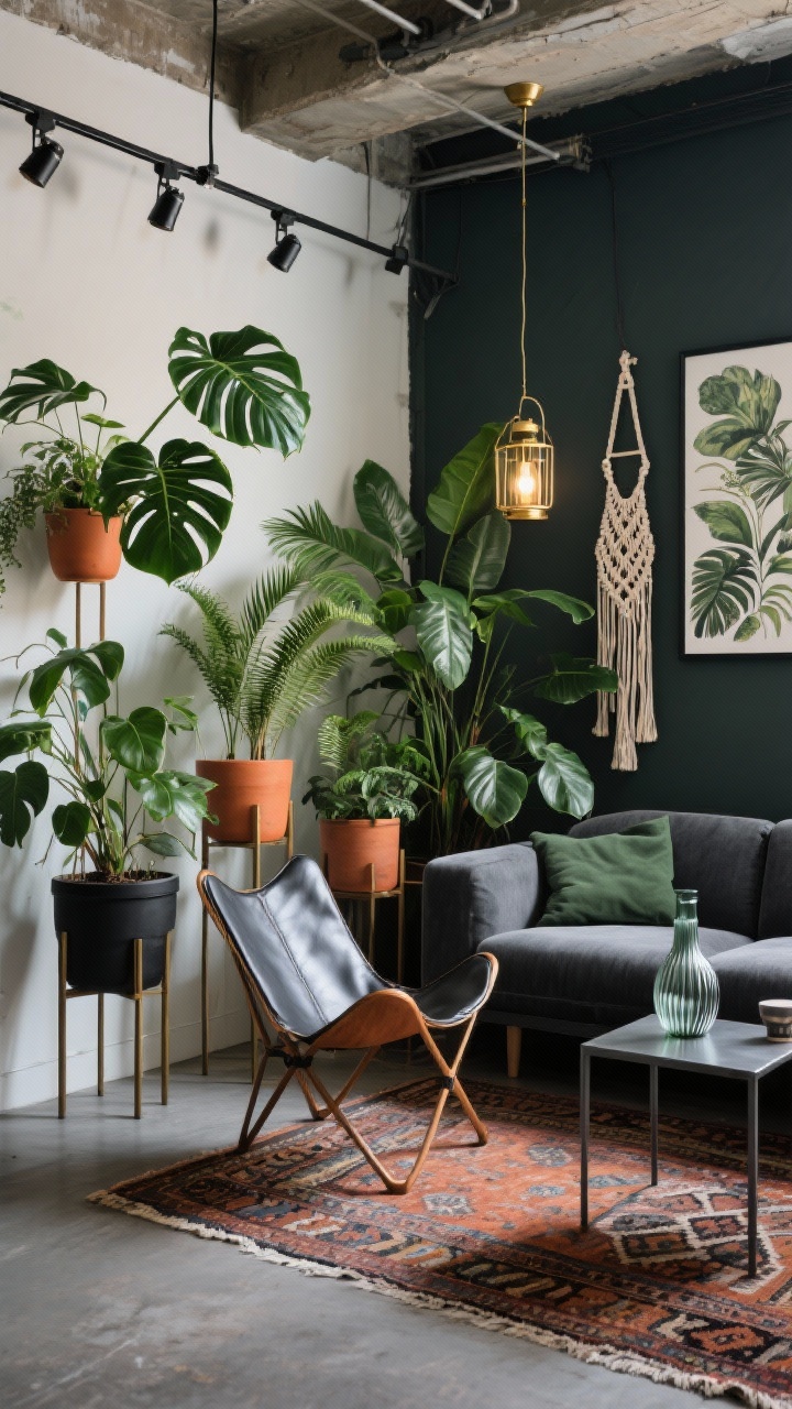 Medium shot: Jungle loft corner with a charcoal modular sofa and a leather butterfly chair. Floor-to-ceiling plant stands create height, clustering monstera, rubber plants, and ferns in terracotta and matte black planters. A handmade Moroccan rug adds warmth underfoot. Macramé plant hangers and botanical prints adorn the backdrop; ribbed glass vases sit on a matte metal side table. Track lighting and lantern-style pendants spotlight the greenery. Colors: charcoal, deep green, terracotta, black, brass. Photorealistic, urban loft feel, corner angle.