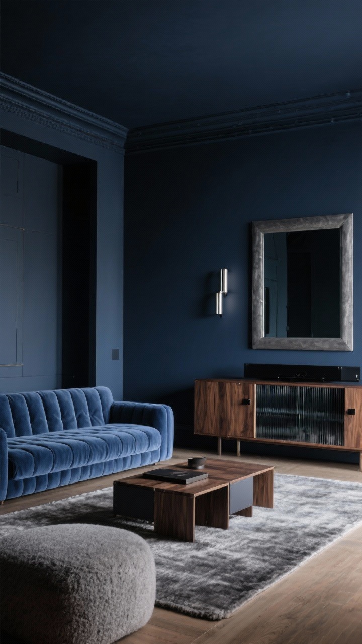 Medium shot, low viewpoint: A midnight blue lounge drenched in midnight walls and ceiling, layered with pewter textiles and smoked oak tones. A channel-tufted deep blue suede sofa fronts a low-slung modular coffee table; a smoked oak media wall and matte black hardware frame a ribbed glass credenza. Brushed-nickel linear sconces provide soft silver illumination; a pewter-framed mirror bounces dim light. Suede, chenille, and a wool-blend rug in pewter with subtle sheen emphasize a smooth, smoky mood.
