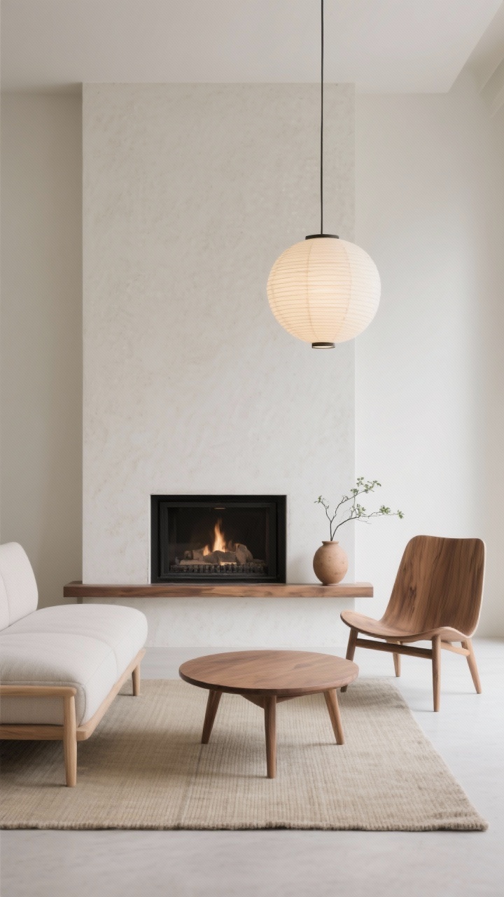 Medium shot, minimalist composition from a clean frontal angle: Japandi fireplace framed in smooth microcement with razor-thin reveals and a floating ash wood ledge instead of a heavy mantle; a low-profile sofa with birch legs, one sculptural accent chair, and a round oak coffee table on a tatami-style rug; paper lantern pendant providing soft, even illumination; on the ledge a single clay vessel and a narrow ikebana arrangement; palette warm white, ash, mushroom, matte black; materials microcement, oak, paper, wool; abundant negative space with a few confident shapes.