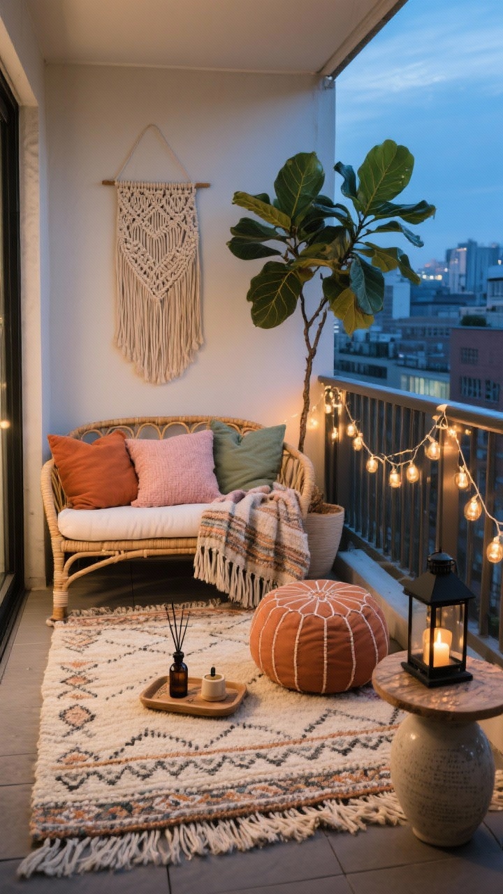 Medium shot, Modern Boho Balcony Sanctuary: layered rug moment with a neutral outdoor flat-weave under a patterned kilim; low cane/rattan daybed along the railing piled with textured pillows in terracotta, blush, and sage; macramé wall hanging behind; oversized rubber tree softening a corner; round pouf, ceramic side table, matte black lanterns; fairy lights woven along the railing and battery tea lights glowing warmly; wicker tray with essential oil diffuser and a tasseled throw; cozy urban balcony ambiance at evening blue hour, photorealistic, slight corner angle.