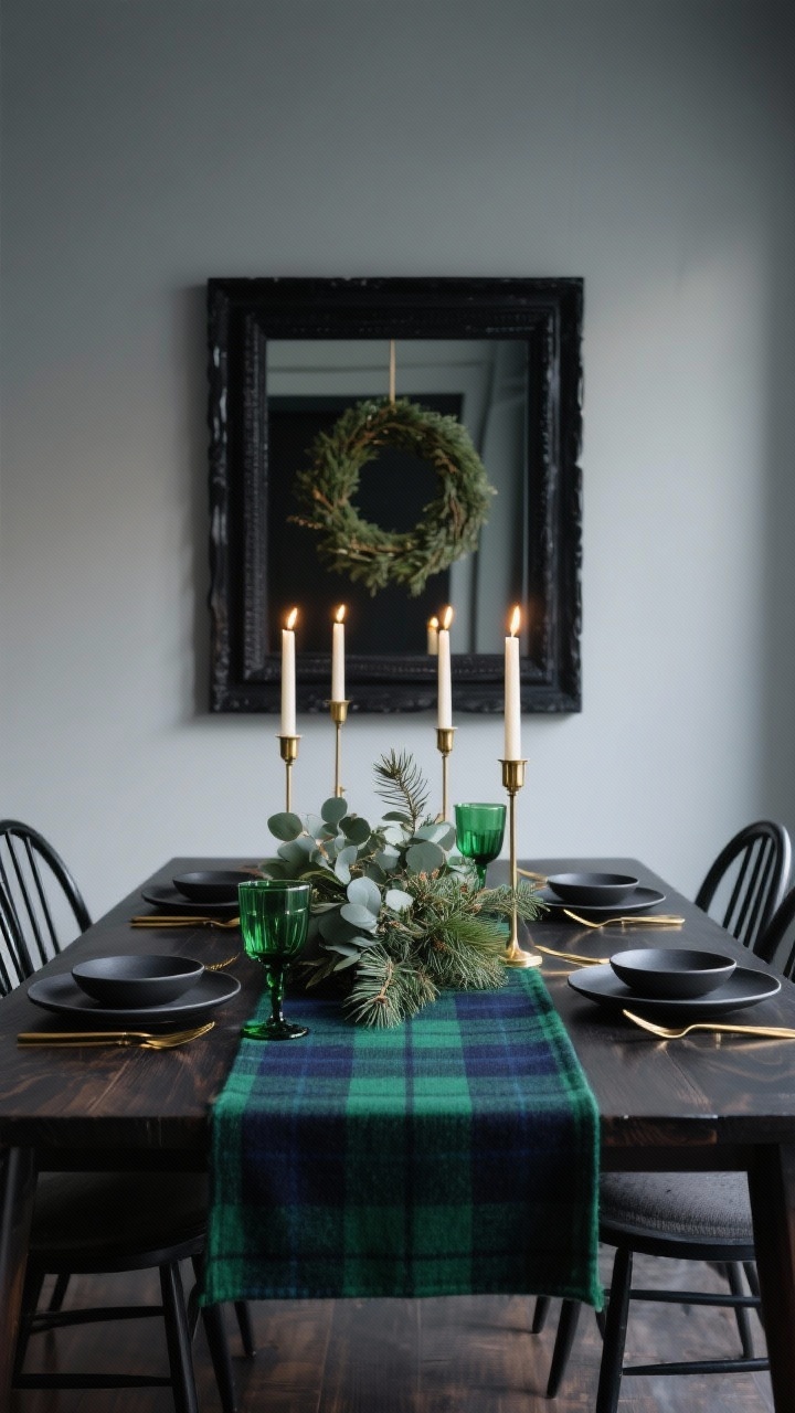 Medium shot, modern dining room tablescape: a Blackwatch plaid table runner (deep forest green and navy) on a dark wood table, matte black stoneware plates, gold flatware, emerald glassware, charcoal upholstered or black spindle-back chairs, tall taper candles in brass candlesticks adding height, a lush low eucalyptus-and-pine centerpiece; minimalist wreath on a black-framed mirror in the background; color palette forest green, navy, black, gold; moody evening candlelight with soft reflections, sleek and elegant, photorealistic.