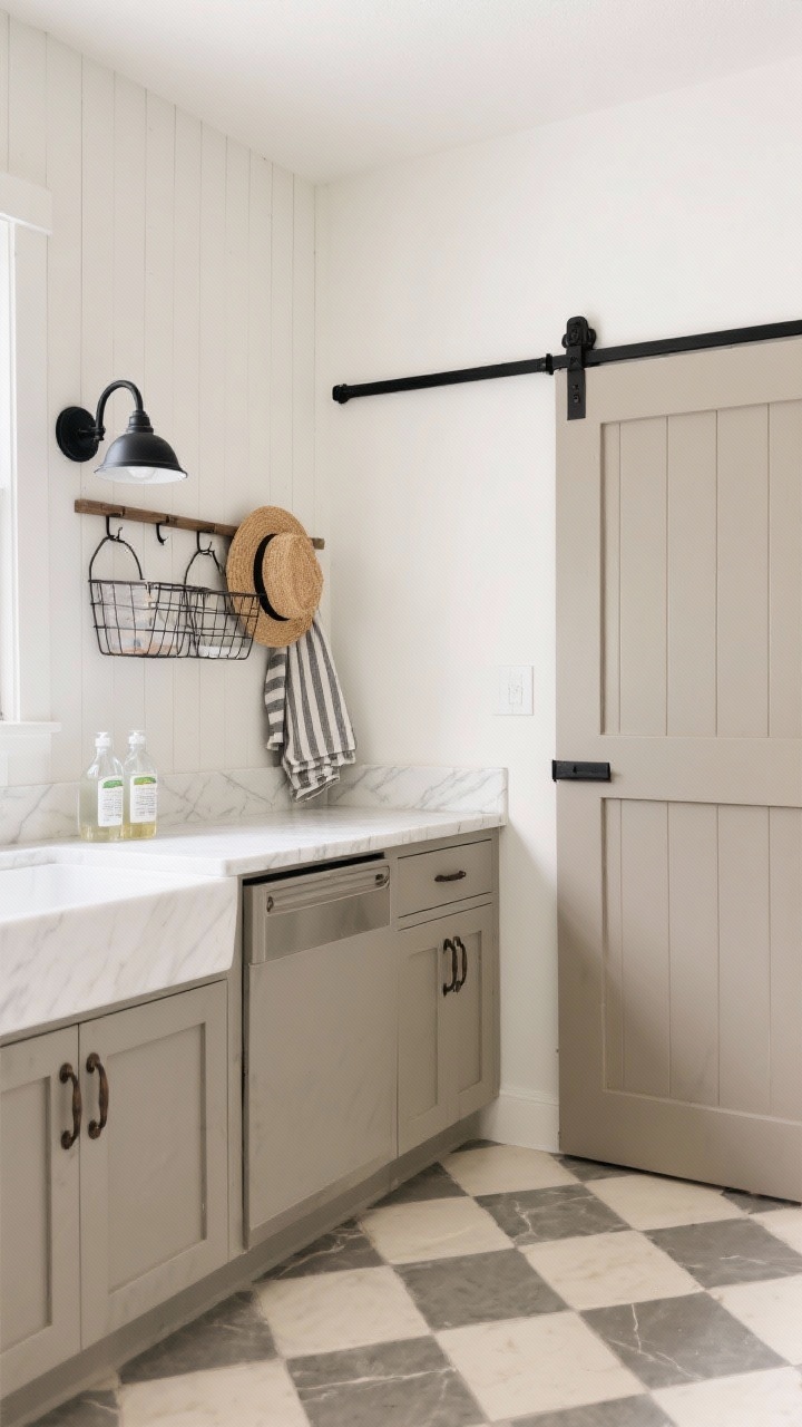 Medium shot modern farmhouse: soft greige shaker cabinets with iron pulls, white quartz countertop, cream-and-gray checkerboard tile floor. Wall shows vertical shiplap half-height panel capped with a peg rail holding a straw hat and hanging delicates. Black gooseneck sconce above, wire baskets and glass detergent bottles on counter, striped utility towels. A muted taupe sliding barn door on black track hardware in frame, plus a cabinet door ajar hinting at a fold-out ironing station. Timeless, crisp contrast; photorealistic, corner perspective.