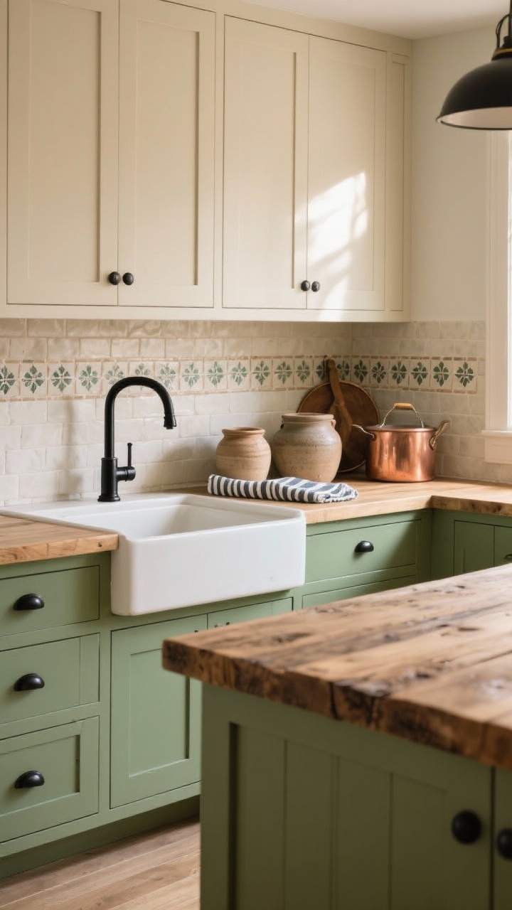 Medium shot, modern farmhouse vignette: sage green base cabinets with matte black hardware, creamy linen-toned uppers, reclaimed wood island top with visible grain, zellige-style backsplash tiles in a creamy mix for texture, matte black bridge faucet with cross handles, stoneware crocks, copper pots, and striped tea towels styled on the counter; warm, welcoming lighting with gentle morning sun, three-quarter angle from the corner, photorealistic.