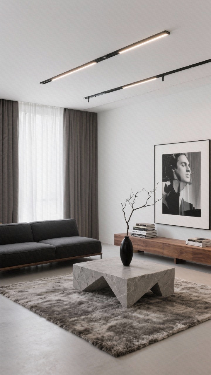 Medium shot, modern minimal space: ceiling-mounted hidden tracks with two precise layers—whisper-light white sheers for day in front of warm gray blackout panels behind; low charcoal sectional; slim oak console; geometric honed stone coffee table; one large black-and-white photograph on the wall; stack of art books and a single sculptural branch in a matte black vase; wool rug underfoot; linear LED integrated along the ceiling track giving a gallery glow; color story white, charcoal, warm gray, oak; photorealistic, straight-on, crisp lines.