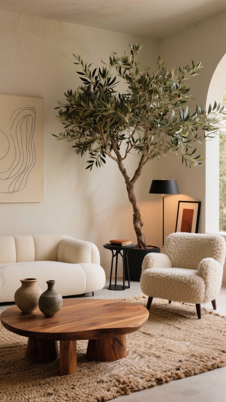 Medium shot, Modern Organic Oasis seating area: low-profile cream sectional with a rounded oak coffee table and a bouclé accent chair on a wool or sisal rug. Stoneware vessels and abstract line art adorn the scene, with a massive leafy plant (olive tree) in the corner. Black metal accents in side table legs and picture frames sharpen the look. An arched floor lamp in black provides warm ambient light. Palette: warm neutrals with olive, rust, charcoal accents. Photorealistic, minimalist, sculptural forms, corner angle.