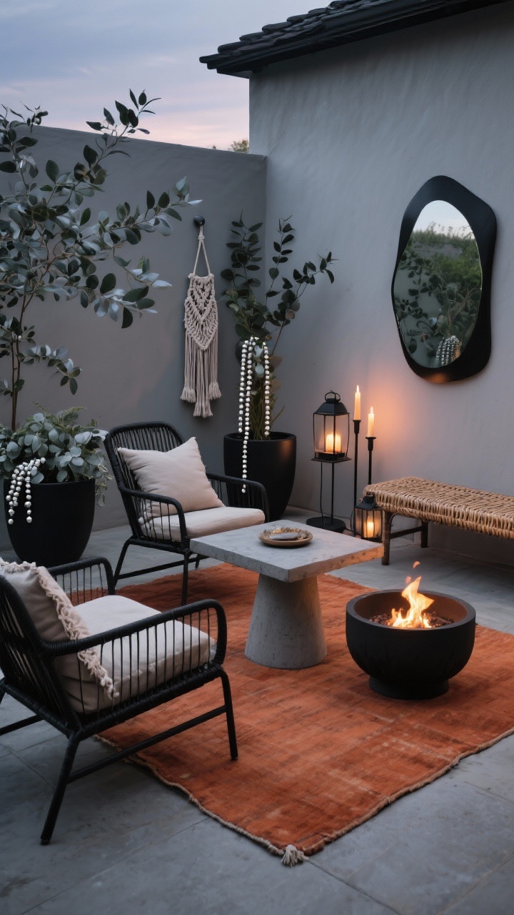 Medium shot, Modern Terracotta + Black Boho: Moody, chic patio anchored by a terracotta-hued rug. Matte black metal lounge chairs with linen cushions flank a concrete pedestal table. Charcoal planters overflow with silver-green eucalyptus and string-of-pearls. Textural contrast from fringed pillows, a macramé plant hanger, and a woven cane bench. A sleek fire bowl provides dramatic warmth. Minimalist black lanterns with tall pillar candles illuminate, while a sculptural wall mirror reflects the glow. Photorealistic, twilight, corner angle.